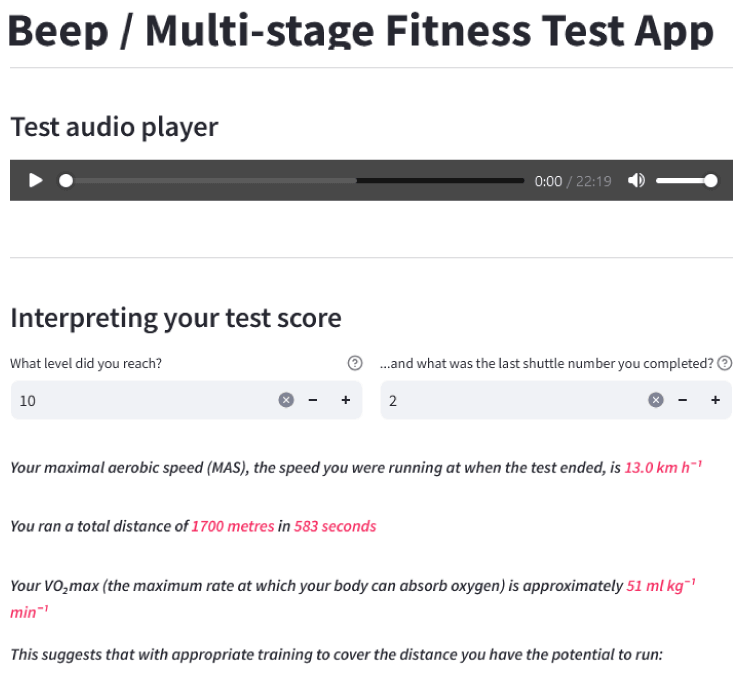 Beep test software screengrab