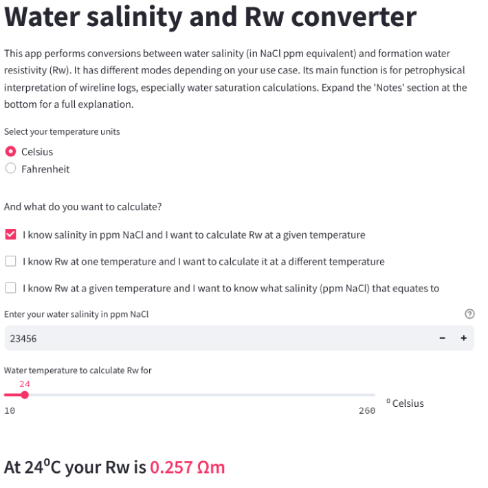 Water resistivity conversion software screengrab